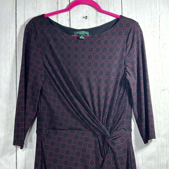 Lauren Ralph Lauren Knot Ruffle Ruched Black Burgundy 3/4 Sleeves Midi Dress - Picture 2 of 15